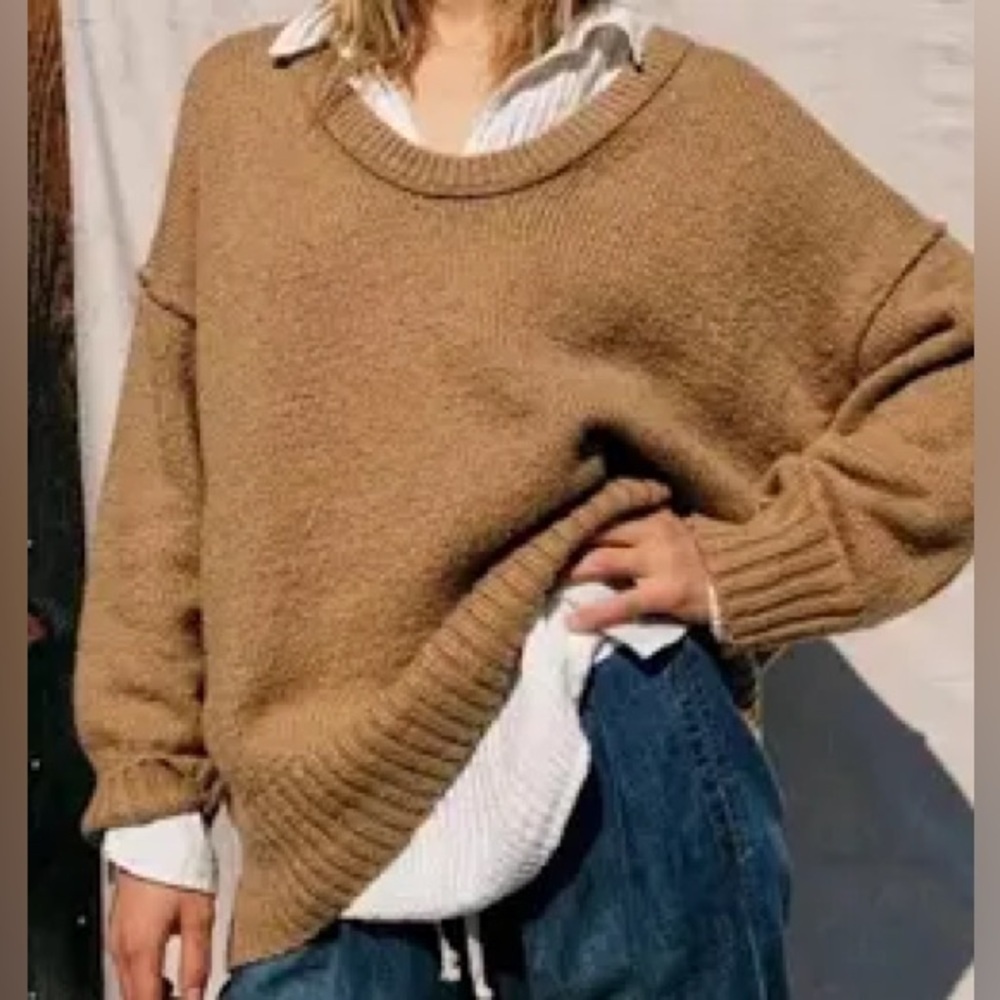 Free People Brookside Tunic Sweater in Desert Camel Tan - Size M